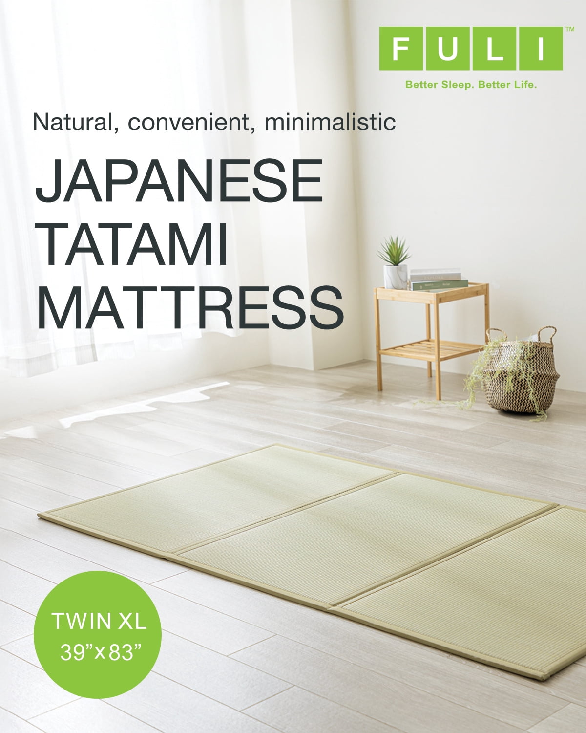 FULI Japanese Tatami Mattress, Igusa Mat (100% Japanese Rush Grass) Folds in Three, Made in Japan (Natural, Twin XL)