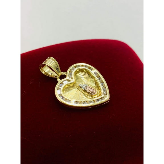 14K Gold Filled Virgen de Guadalupe Pendant Heart Charm CZ 19x18 Dije de Guadalupe
