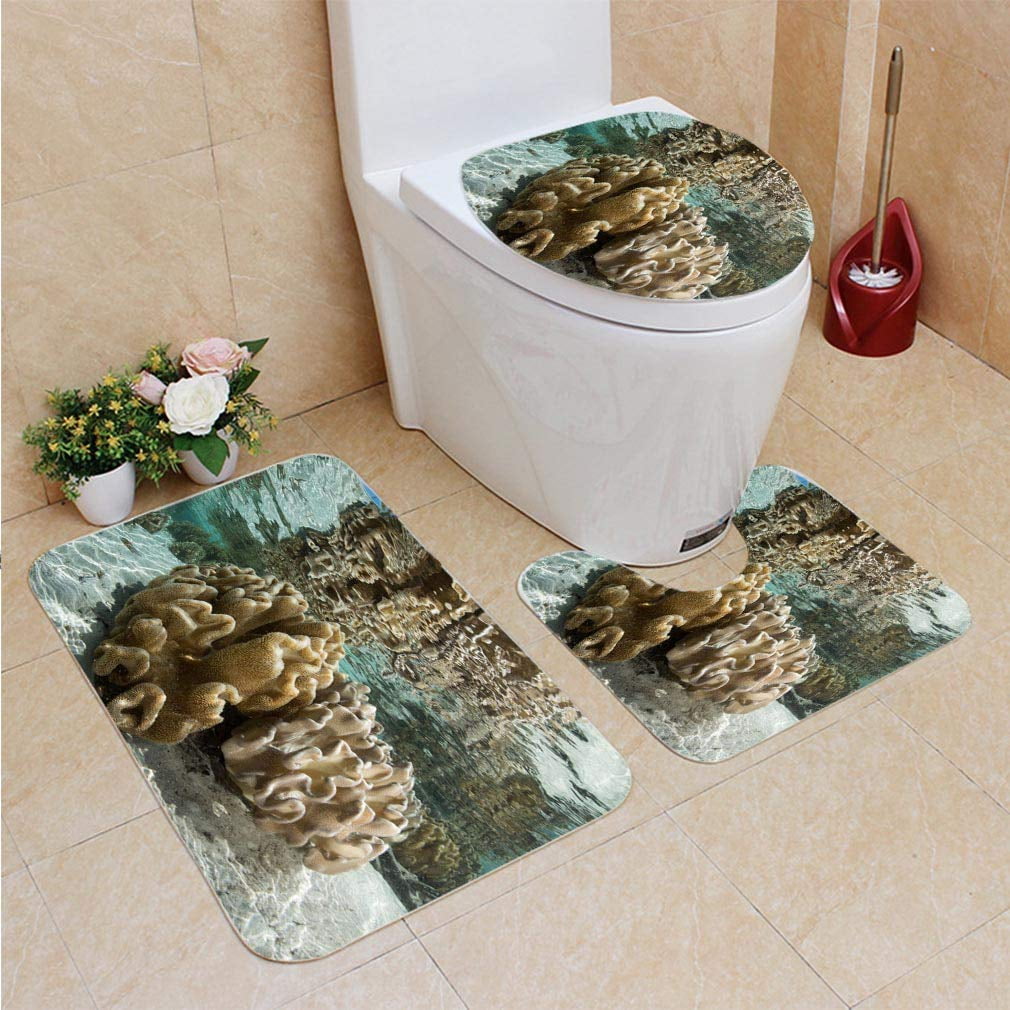 GOHAO Leather Coral 3 Piece Bathroom Rugs Set Bath Rug Contour Mat and