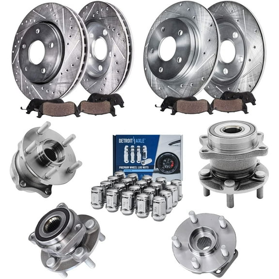 Detroit Axle - Front & Rear Drilled Rotors Brake Pads Wheel Hubs w/20pc Lug Nuts Replacement for Subaru Impreza Forester - 16pc Set