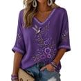 thumbnail image 2 of Alzheimers Awareness T Shirts For Women 3/4 Length Sleeve Purple Ribbon Alzheimers Tee Tops Floral & Hummingbird Print V Neck T-Shirts, 2 of 4