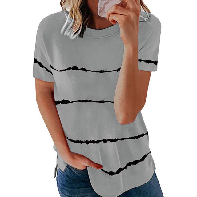 pxiakgy T-Shirts pour Femmes Mode t-shirt Ample à Manches Courtes Col Rond Imprimé Rayé Hauts T-Shirts Femmes Gris + TTG