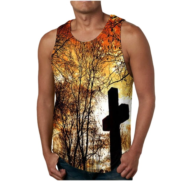 Tanques para Hombre de Verano Floral Camisola Imprimir Deporte Cuello Redondo, Poliéster de Algodón Top Casual para Al Aire Libre, Diario Y la Temporada de Primavera