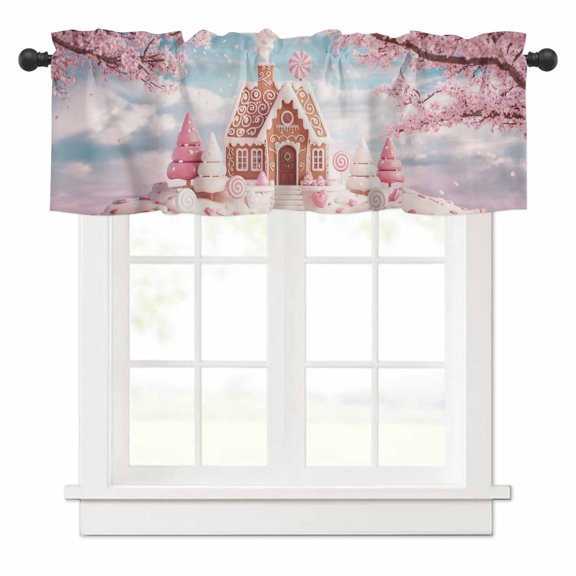 Pink Christmas Valances for Windows Ginger Bread House Candy Xmas Dreamy Snowflake Rod Pocket Curtain Valance Window Treatment Short Curtains for Kitchen Living Room, 42"x12"
