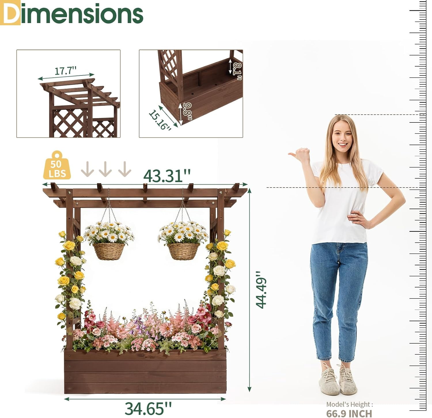 Raised Garden Bed with Trellis, Wood Planter Box with Hanging Roof, Side Trellis and Drainage Holes, Above Ground Elevated Garden Bed for Outdoor Climbing Plants Vegetables(Carbonized Color)