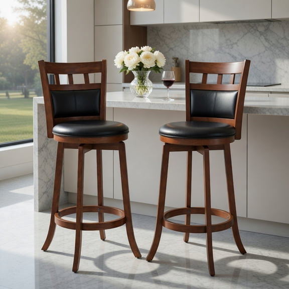 Topcobe Wood Swivel Bar Stools Set of 2 with Faux Leather Upholstered Seat and Back, Modern Furniture for Indoor-Brown