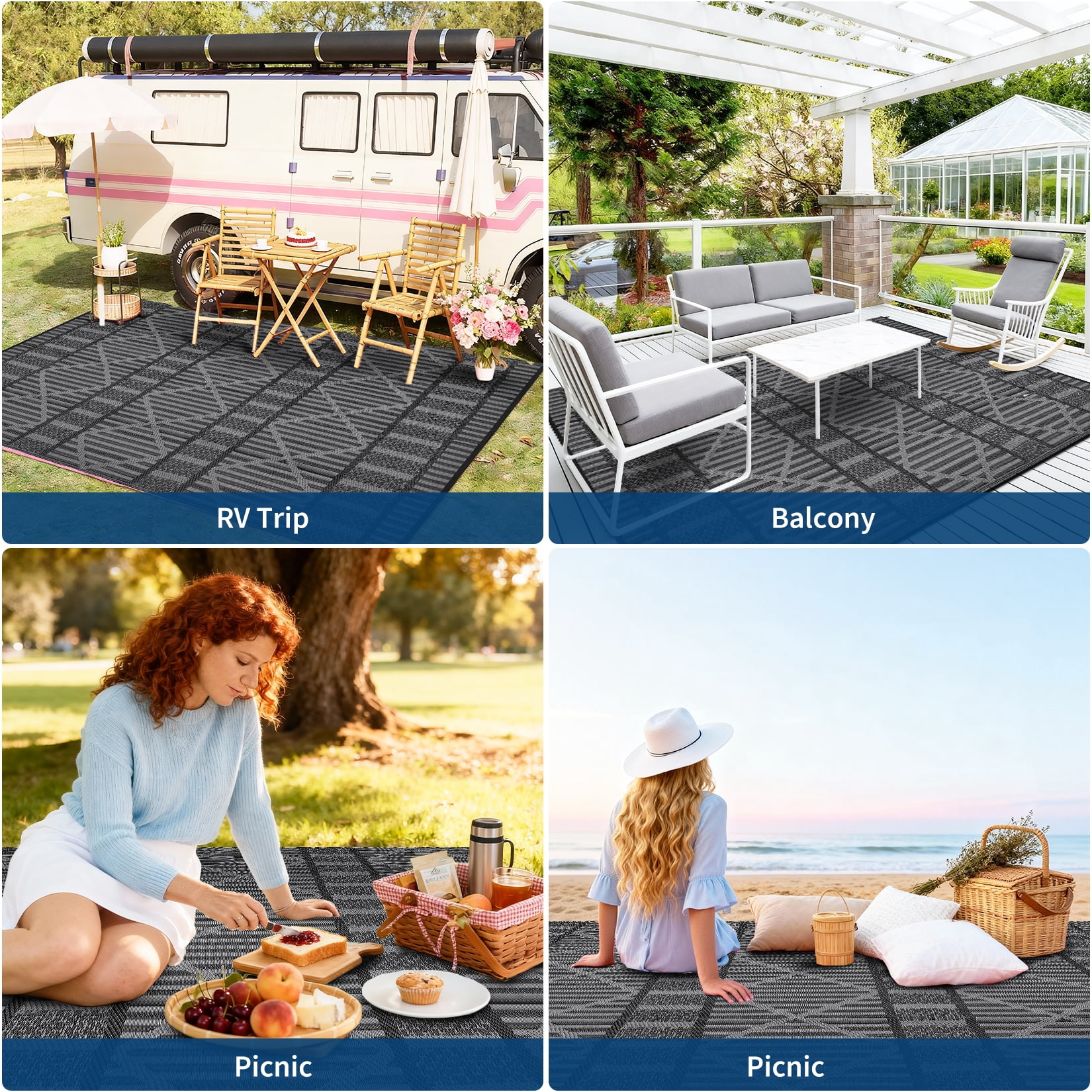 HIWEAVER 9' x 18' Gray/Black Outdoor Rug PP Plastic Straw Woven Waterproof Patio Rug with Border Portable Outside Carpet for Balcony Deck Picnic Garden Decor