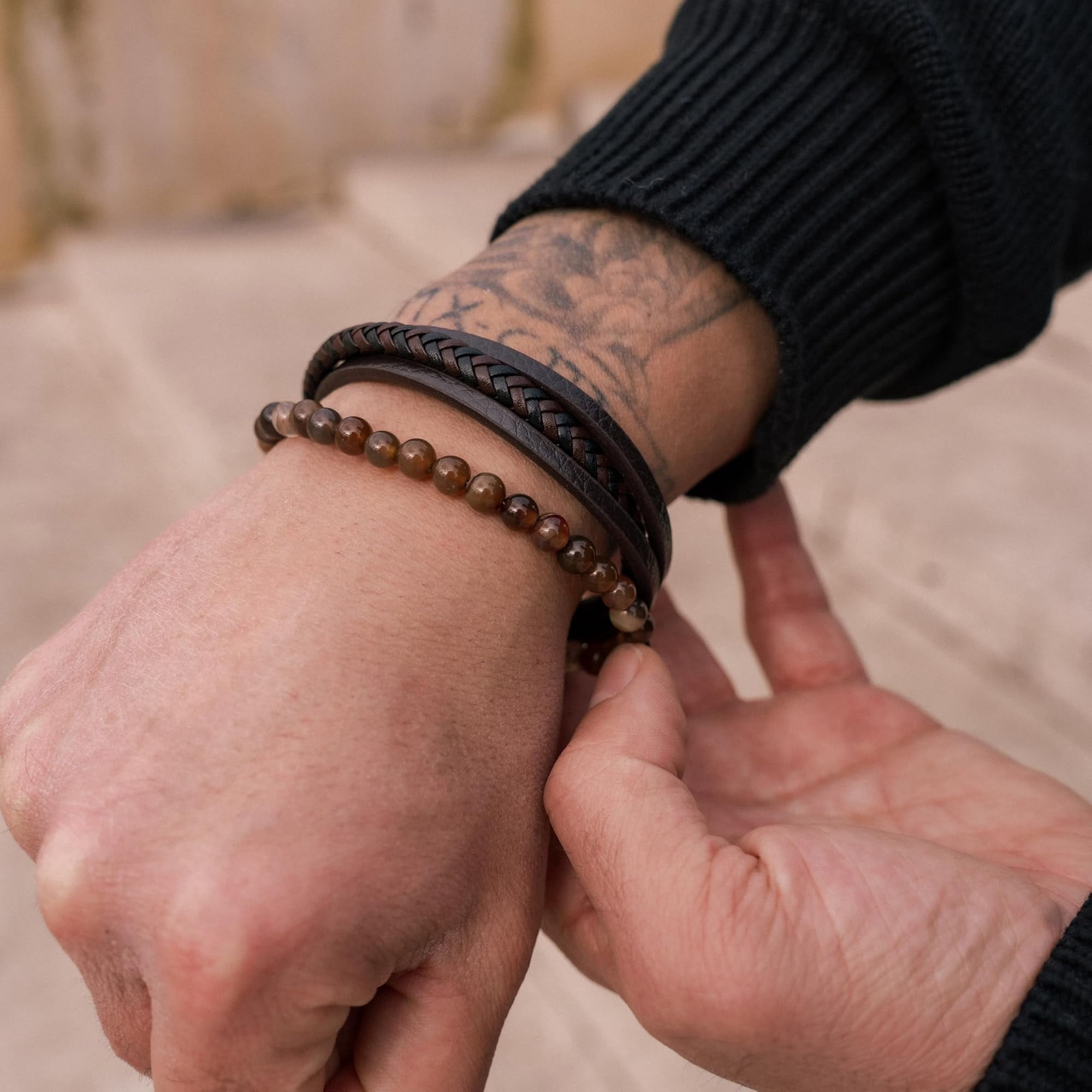 SERASAR Premium Genuine Leather Bracelet for Men [Stone] in Brown | Natural Stone Beads | 17cm | Stainless Steel Magnetic Clasp | Includes Jewelry Box