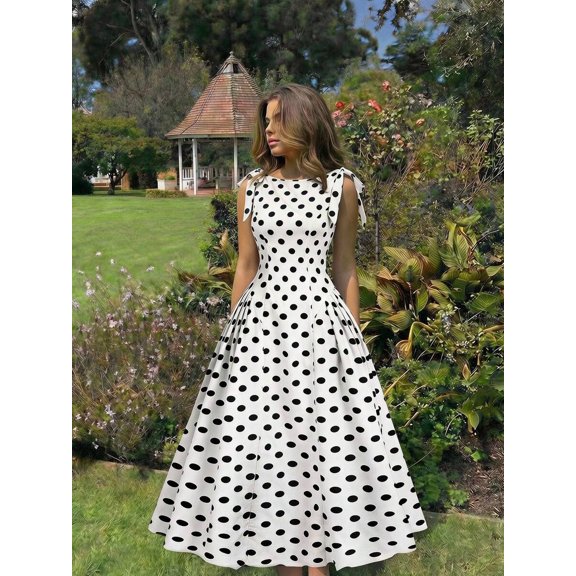 Black and White Womens Vintage 1960s Retro Polka Dot Swing Dress With Bow