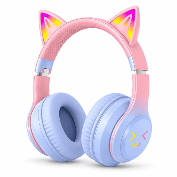 LUEYL Kids Bluetooth Headphones with LED Cat Ears, 74/85dBA Volume Limit, Built-in Mic, Foldable Over-Ear Wireless or 3.5mm Wired Headset for School, Travel, Music and Gaming, Pink and Blue