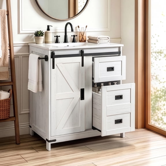 Ktaxon 30'' Farmhouse Bathroom Vanity with Ceramic Sink Top & Metal Towel Bar, Freestanding Storage Cabinet with Sliding Barn Door & 2 Drawers, Washed White(Split Two Packages for Delivery)