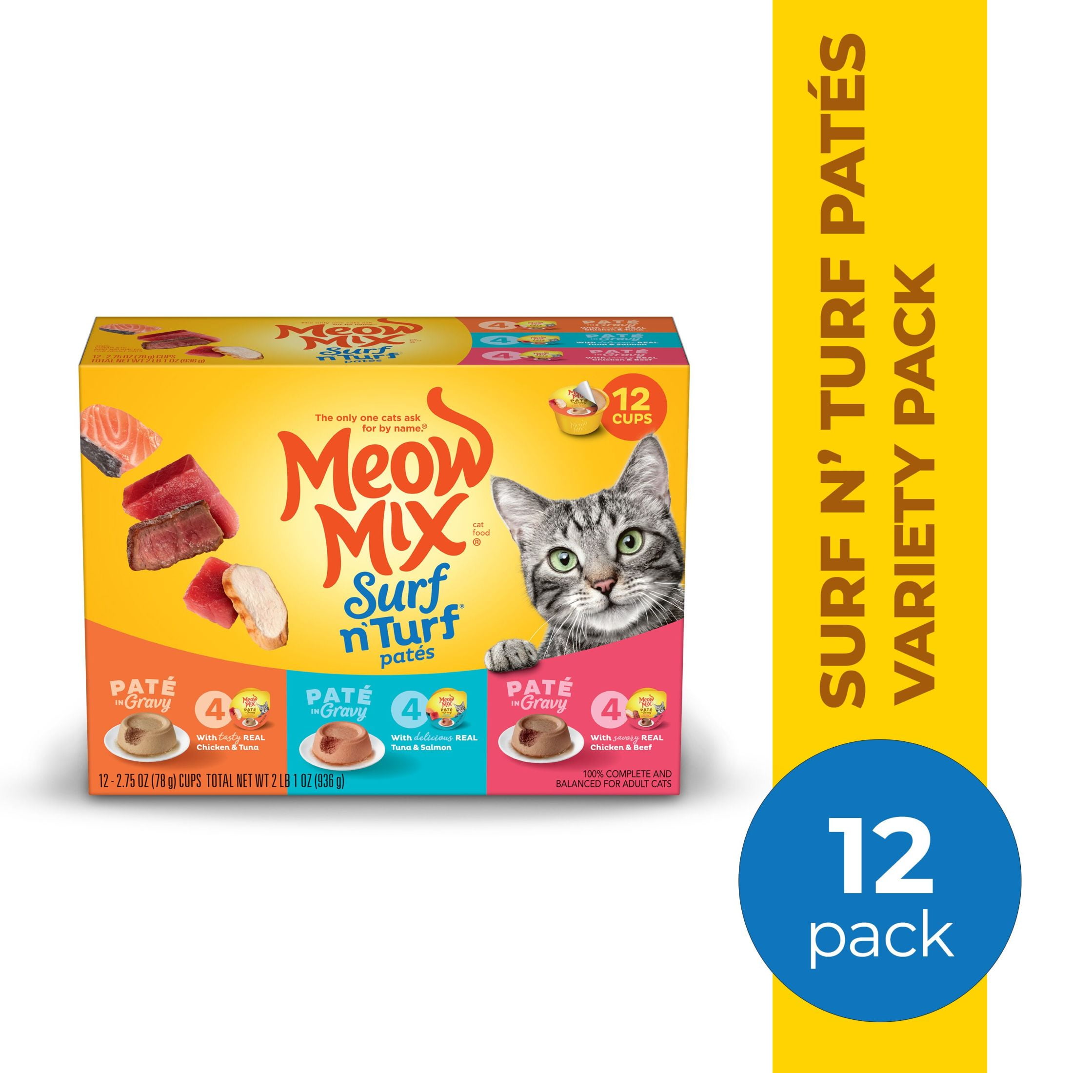 (4 pack) Meow Mix Pate in Gravy Surf n’ Turf Pates Variety pack, Wet Cat Food, 2.75 oz Cup, 12 pack
