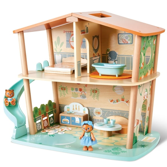 Hape: Tigers' Jungle House - 34pc Wooden Toy Playset, Animal Figurines & Accessories, 2 Level Doll House, Green Planet Explorers, Kids Ages 3 
