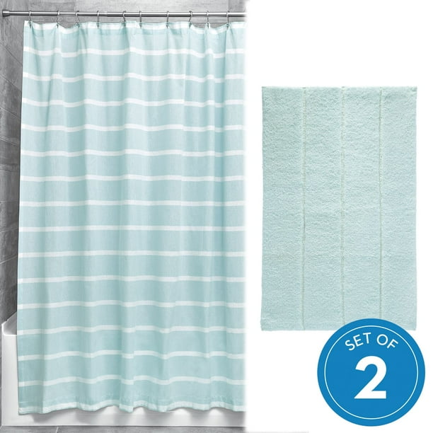 Idesign Thin Stripe Shower Curtain And Rug 2 Piece Combo Set Spa Blue And White Walmart Com Walmart Com