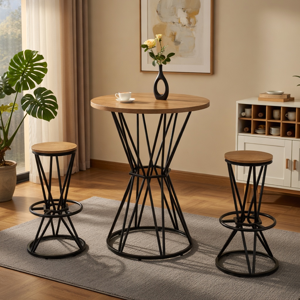 Hommoo Industrial Style 31.5-inch Wood Grain Bar Set, Metal Frame Round Table & 2 Matching Bar Stools for Kitchen Island, Small Apartment, or Home Bar, Natural & Black