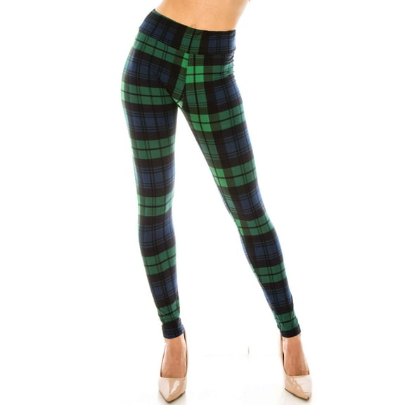 Buttery Soft Green Plaid High Waisted Leggings (One Size Regular,Green)