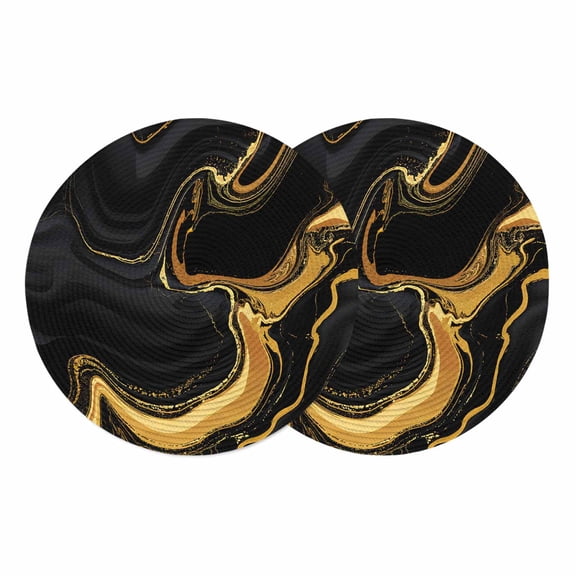 Round Braided Placemats Set of 2, Black Gold Non-Slip Place Mats for Dining Table Woven Washable Table Mats 13 inch Marble Luxury Abstract Abstract Fluid Texture for Kitchen Decoration