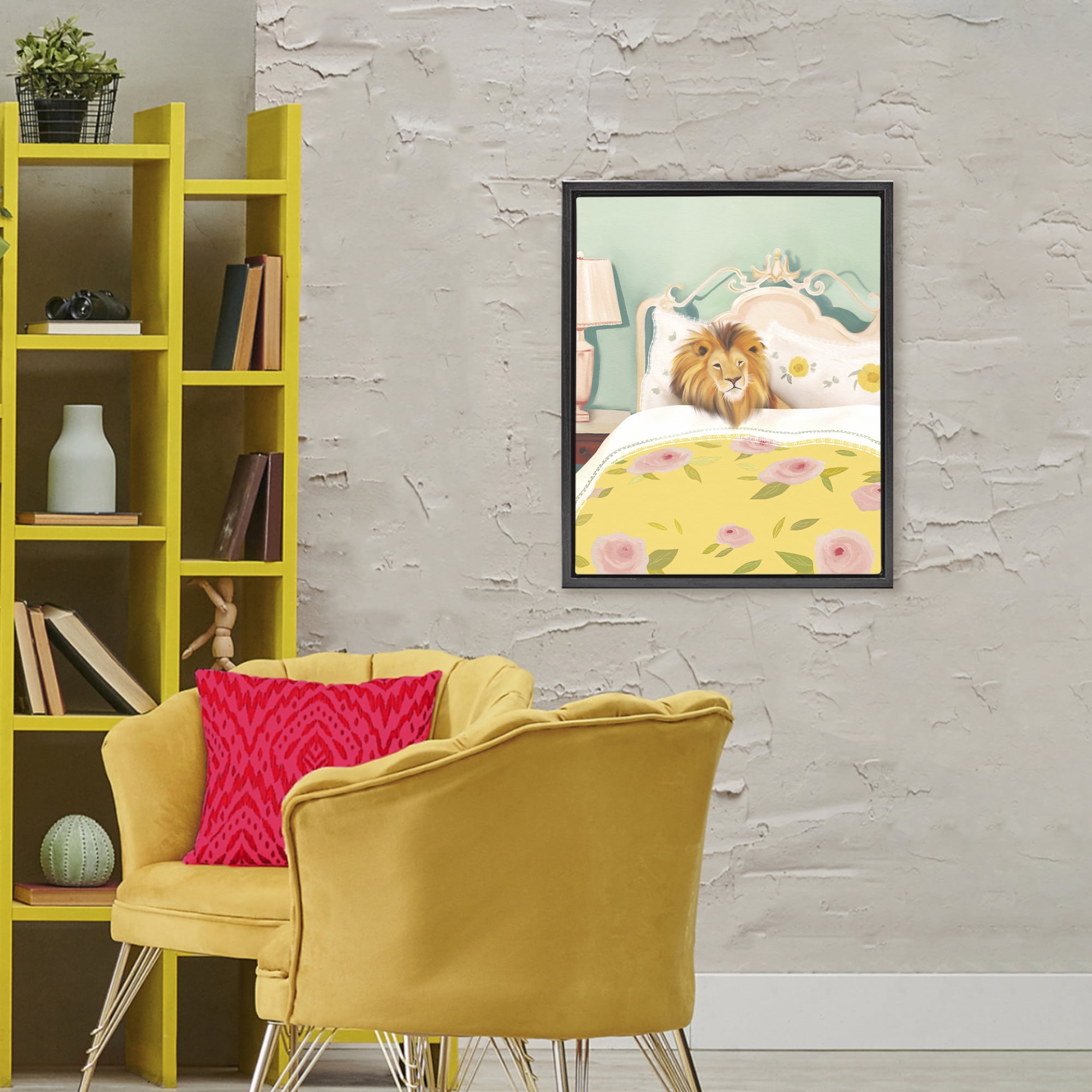 Good Morning Lion in Bed Black Framed Floater Canvas Wall Art, design by Leah Straatsma