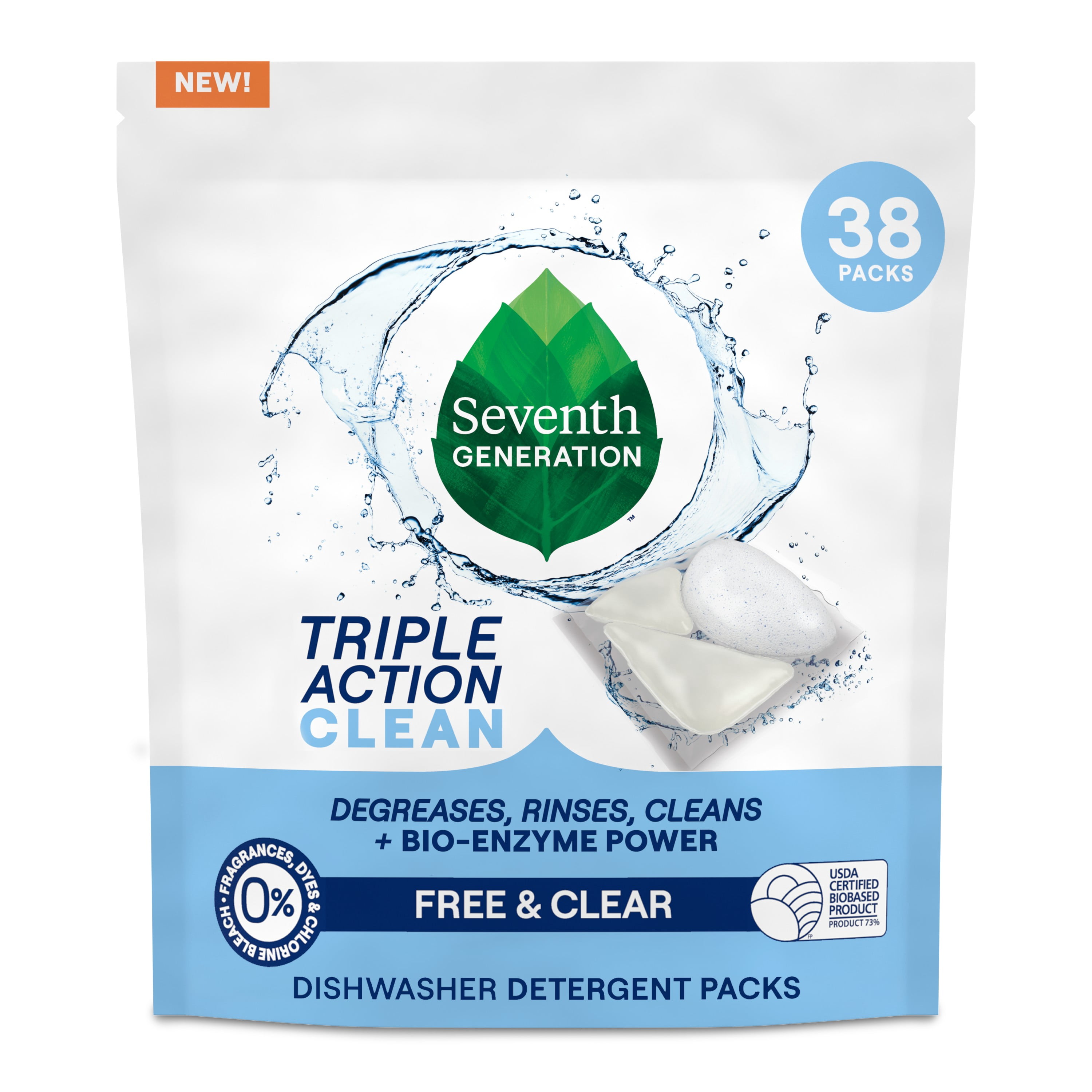 Seventh Generation Dishwasher Detergent, Fragrance Free, Triple Chamber Detergent Packs, 38ct