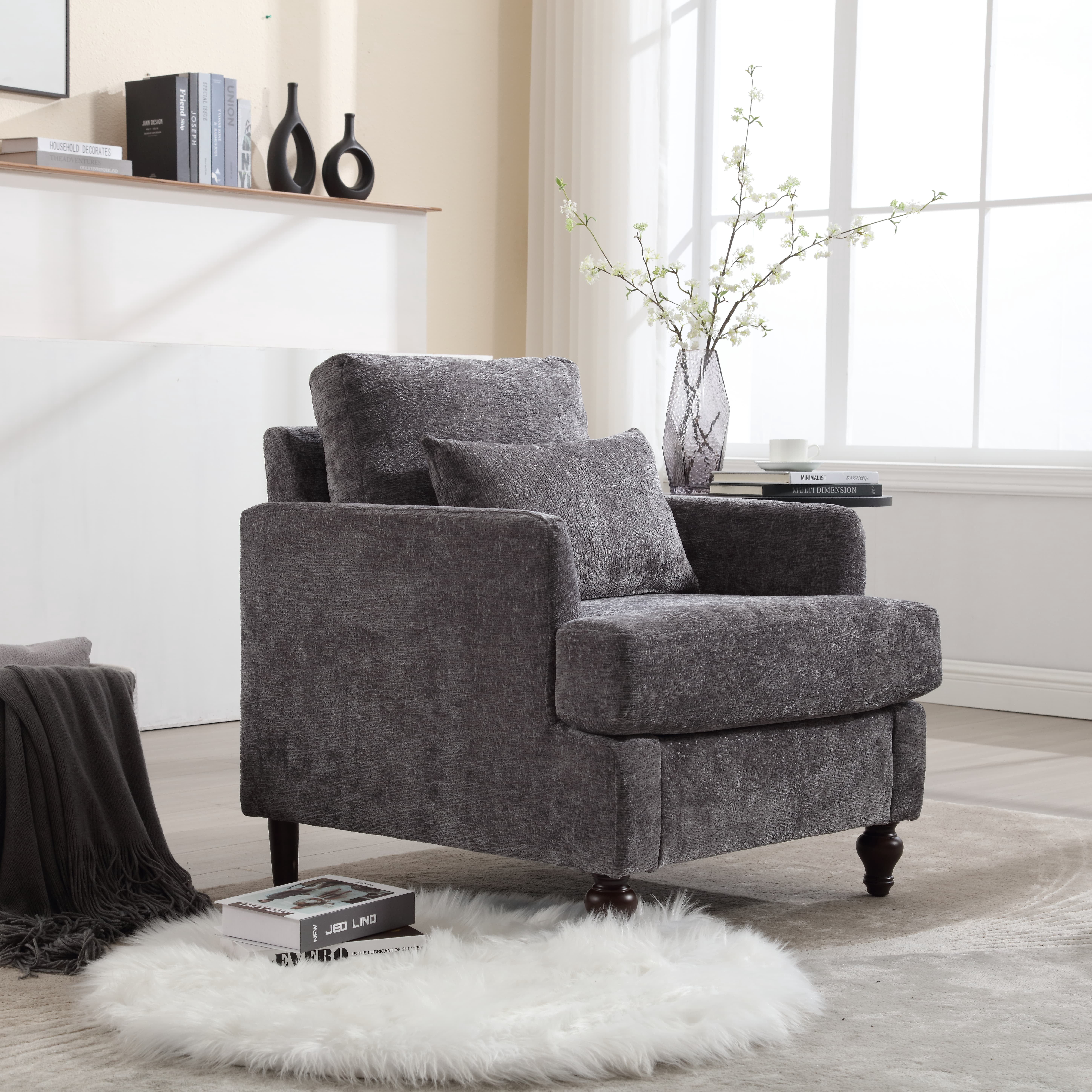 MAYEERTY Wood Frame Armchair, Modern Accent Chair Lounge Chair Tufted Club Chair, Mid Century Modern Arm Chairs with Studded, Solid Wood Frame, for Bedroom, Reading (Gray Chenille)