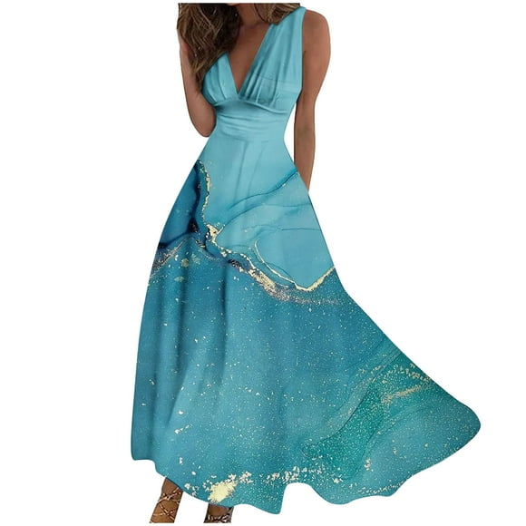 jovati Long Skirts for Women Summer Fashionable Womens Spring/Summer Printed Casual V-Neck Sleeveless Long Skirt Long Summer Skirts for Women