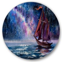 Designart 'Red Sails & Bright Night Sky With Wooden Sailboat' Nautical & Coastal Circle Metal Wall Art 36x36 - Disc of 36