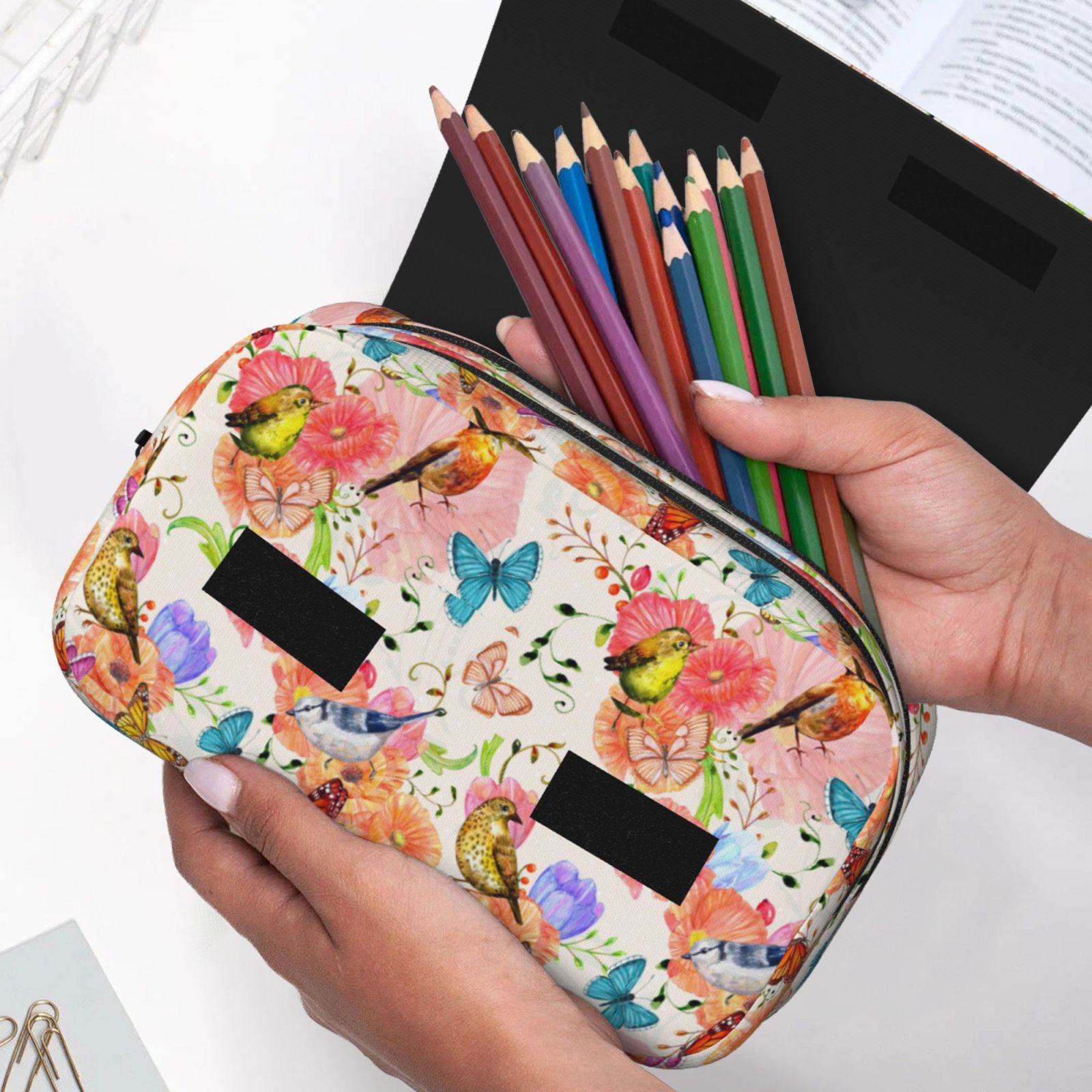 Rateoe Flowers And Birds Watercolor Pattern Double Clamshell Pen Case, Storage Organizer with Two Zipper Compartments– Holds Up to 50 Pencils & Pens