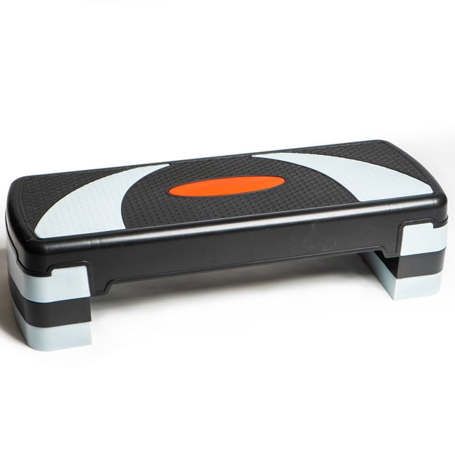 PRISP Adjustable Aerobic Stepper 78cm, 3 Levels (4''/6''/8'') Exercise Step Platform for Home Gym and Fitness Training. The stepper features a durable black platform with a textured non-slip surface and contrasting white and orange accents. It includes three height settings (4 inches, 6 inches, and 8 inches) with risers that securely fit together and can be stored underneath for easy transport and storage. Designed for various exercises like aerobics, strength training, and balance workouts, it supports up to 250 lbs (115 kg).