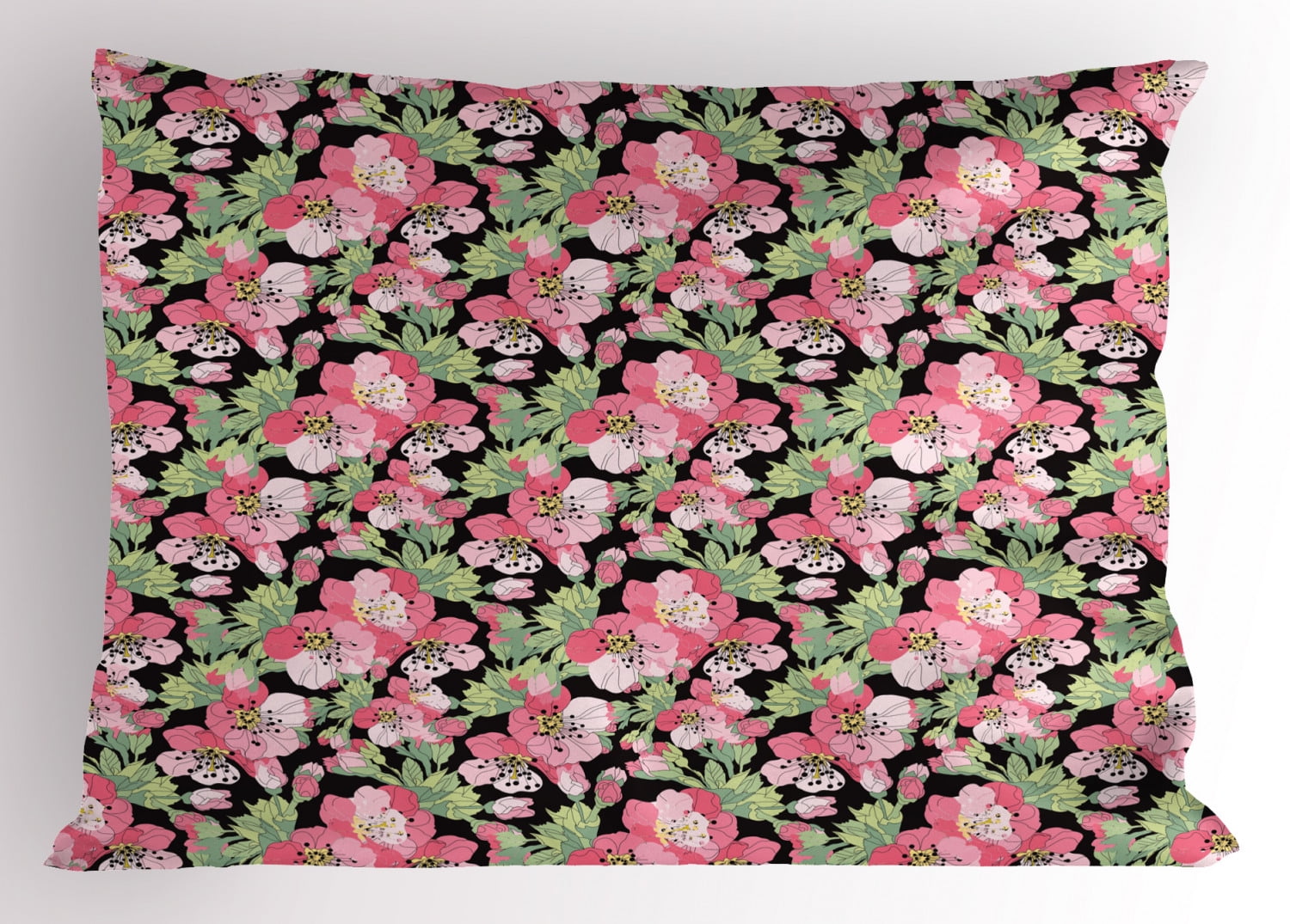 Flower Pillow Sham, Hand Drawn Composition of Flowers Japanese Cherry