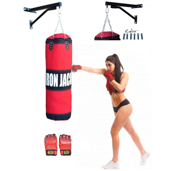 Heavy Bag Punching Bag Training w Gloves, Unfilled for Boxing, Kicking, MMA, Karate, Muay Thai, Kick Boxing, Martial Arts, Core Punching Training, Karate, Taekwondo, Wall Mount Heavy Bag with Bracket