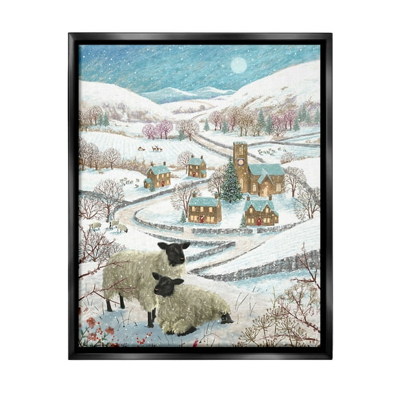 Stupell Industries Sheep on Wintery Hill Animals & Insects Painting Black Floater Framed Canvas Art Print Wall Art, 17 x 21