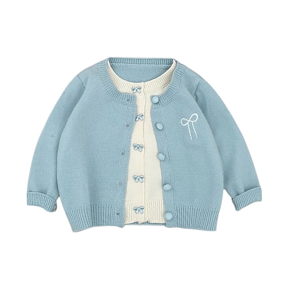 GiLiling Infant Baby Bowknot Embroidery Knit Cardigan, Ribbed Long Sleeve Button Down Thermal Sweater, Loose Casual Fall Winter Daily Knit Outerwear Tops (Blue, 3-4 Years)