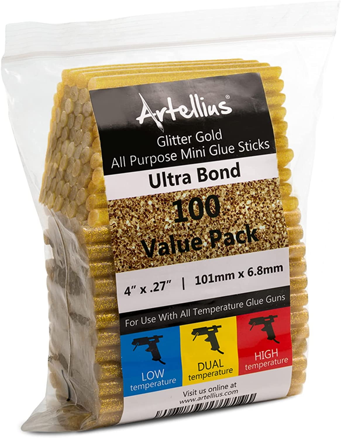 Artellius 100 Pack Glitter Gold Hot Melt Mini Colored Glue Gun Sticks 4