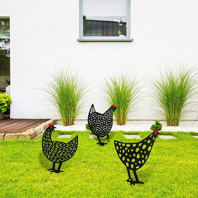 Decoración de jardín de patio de pollo, decoración de patio de pollo, estacas de sombra de gallina, decoración de estatua acrílica de jardín, forma de Animal hueca, 3 piezas Namotu WMPH-1560