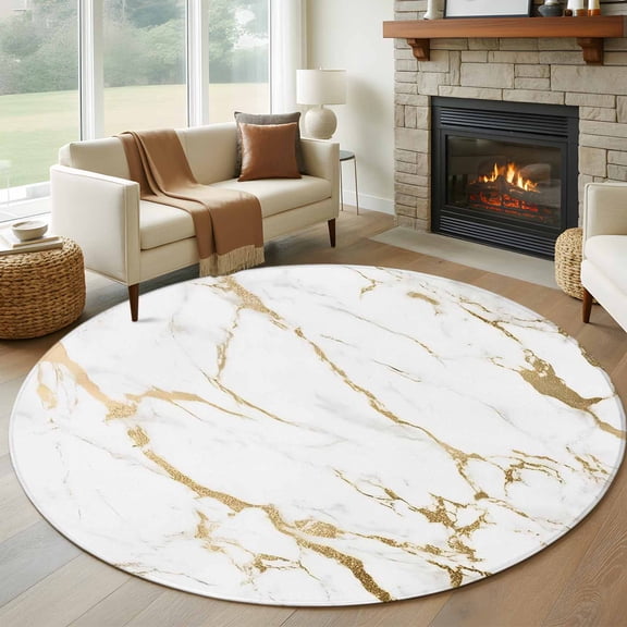 Round Rugs 5Ft, White Gold Abstract Round Area Rug Washable Indoor Throw Carpet, Modern Marble Geometric Soft Non Slip Circle Rug for Cabinet Bathroom Home Decor Aesthetic