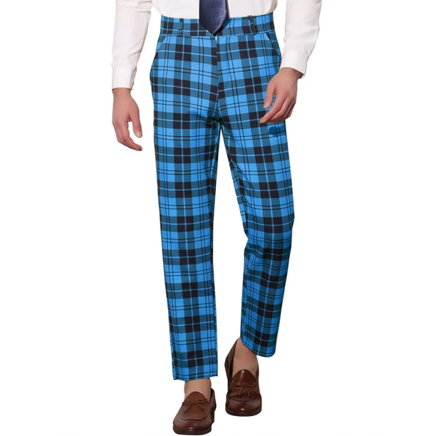 INSPIRE CHIC Pantalones de vestir de cuadros clásicos para hombres, con frente plano, ideales para oficina y eventos, tamaño 30, color azul