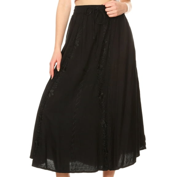 Sakkas Maran Women's Boho Embroidery Skirt with Lace Elastic Waist and Pockets - Black - One Size