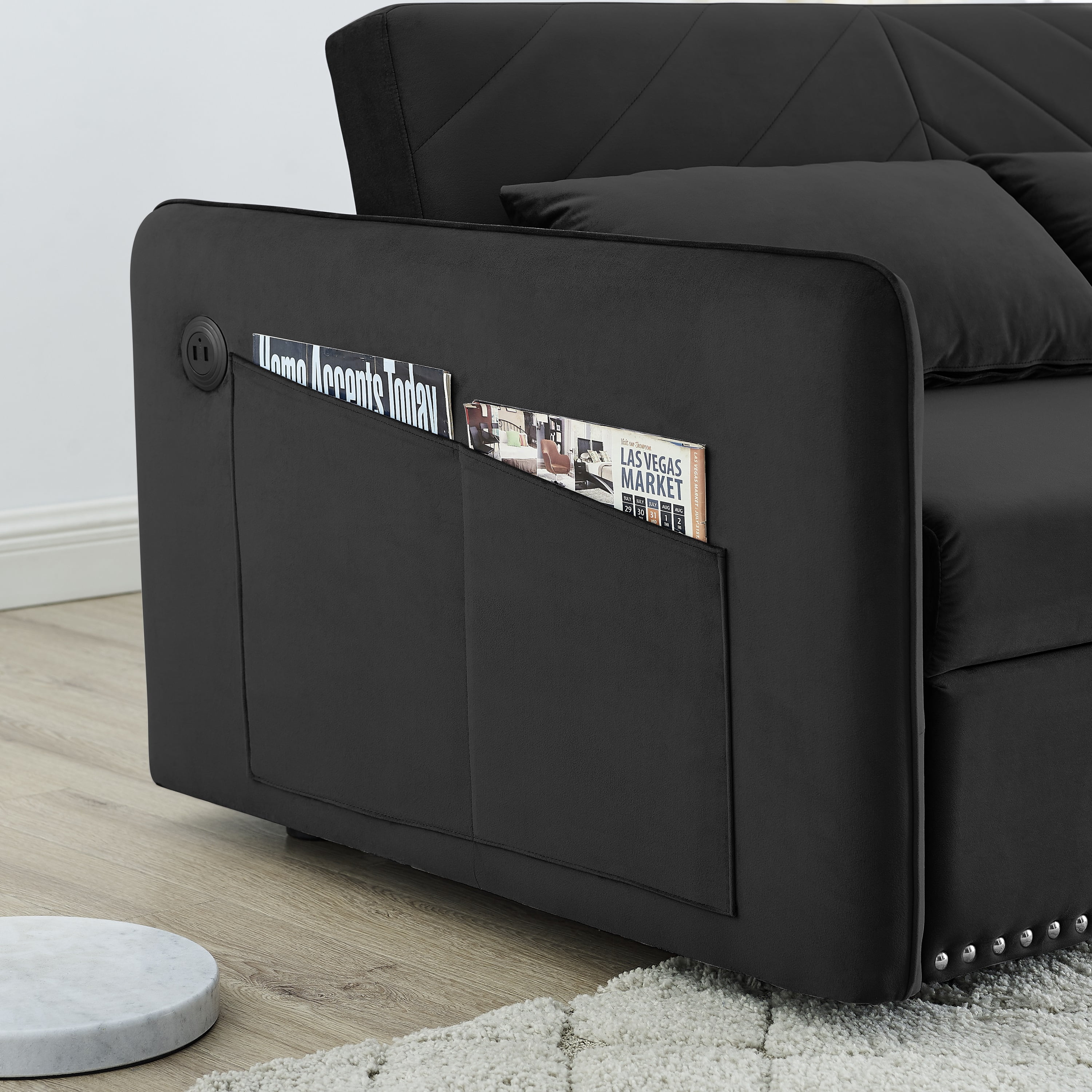 DEALTOPS Home Velvet USB Sleeper Sofa Couch Bed, Black