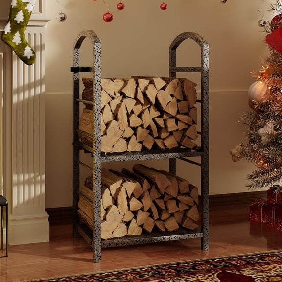 QinaQin 30 Inch High Firewood Rack Outdoor,Indoor Wood Rack for Firewood,Fire Wood Storage with Kindling Hooks,Logs Racks Storage Organizer,Silver