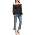 thumbnail image 2 of Blusa de mujer Allegra K con hombros al descubierto, mangas largas de campana, estampado floral, con fruncido, talla L, negro y verde, 2 of 6