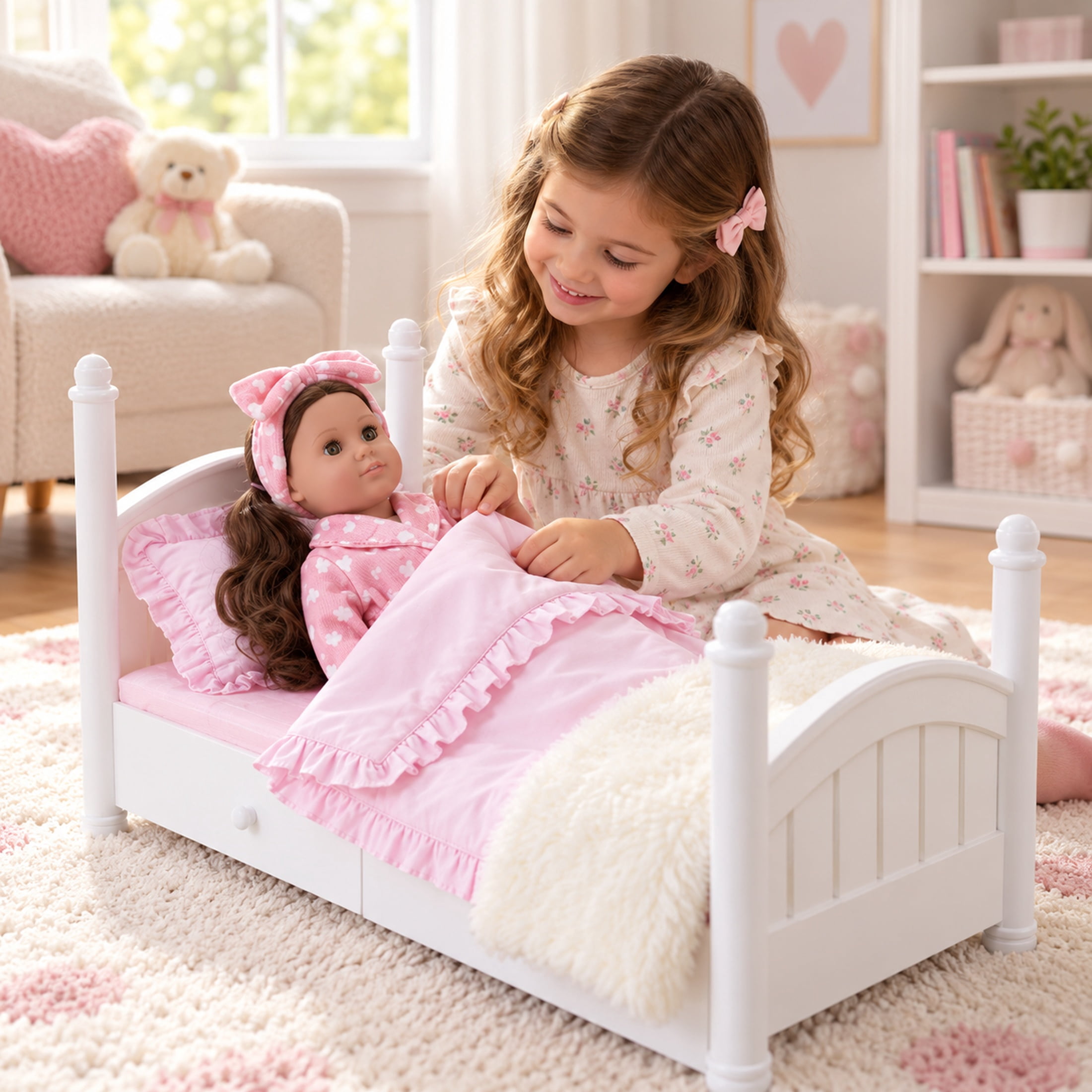 My Life As 18-Inch Doll Bed with Pink Bedding, Pillow, Faux Fur Throw & Storage Drawer, 7 Pieces