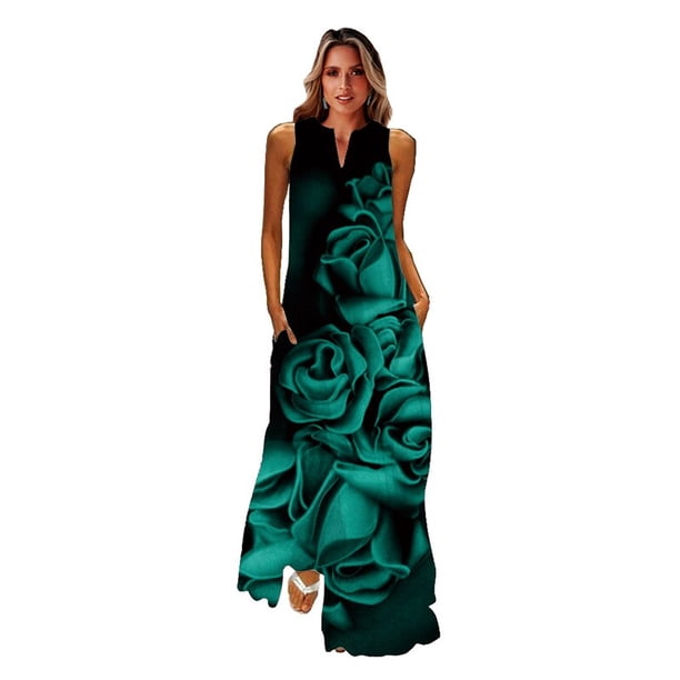 MOVOKAKA Ladies Spring Summer Long Dress Women Sleeveless V-neck Loose Elegant Dresses Party Printing Vintage Beach Dress FemaleXXL Gao Jinjia LED