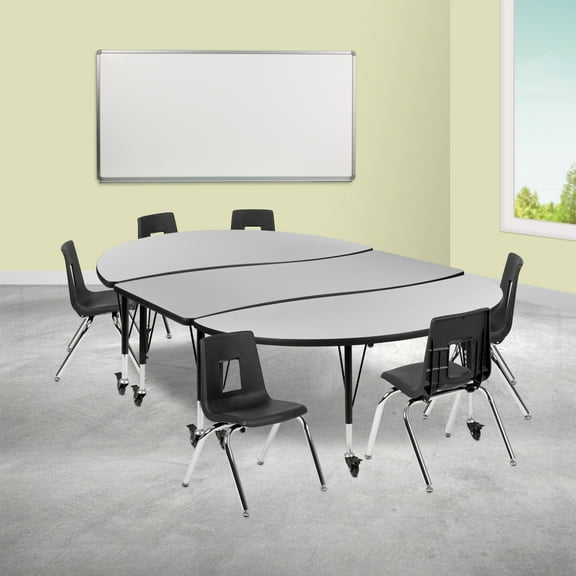 Flash Furniture Emmy Mobile 86" Oval Wave Flexible Laminate Activity Table Set with 14" Student Stack Chairs, Grey/Black