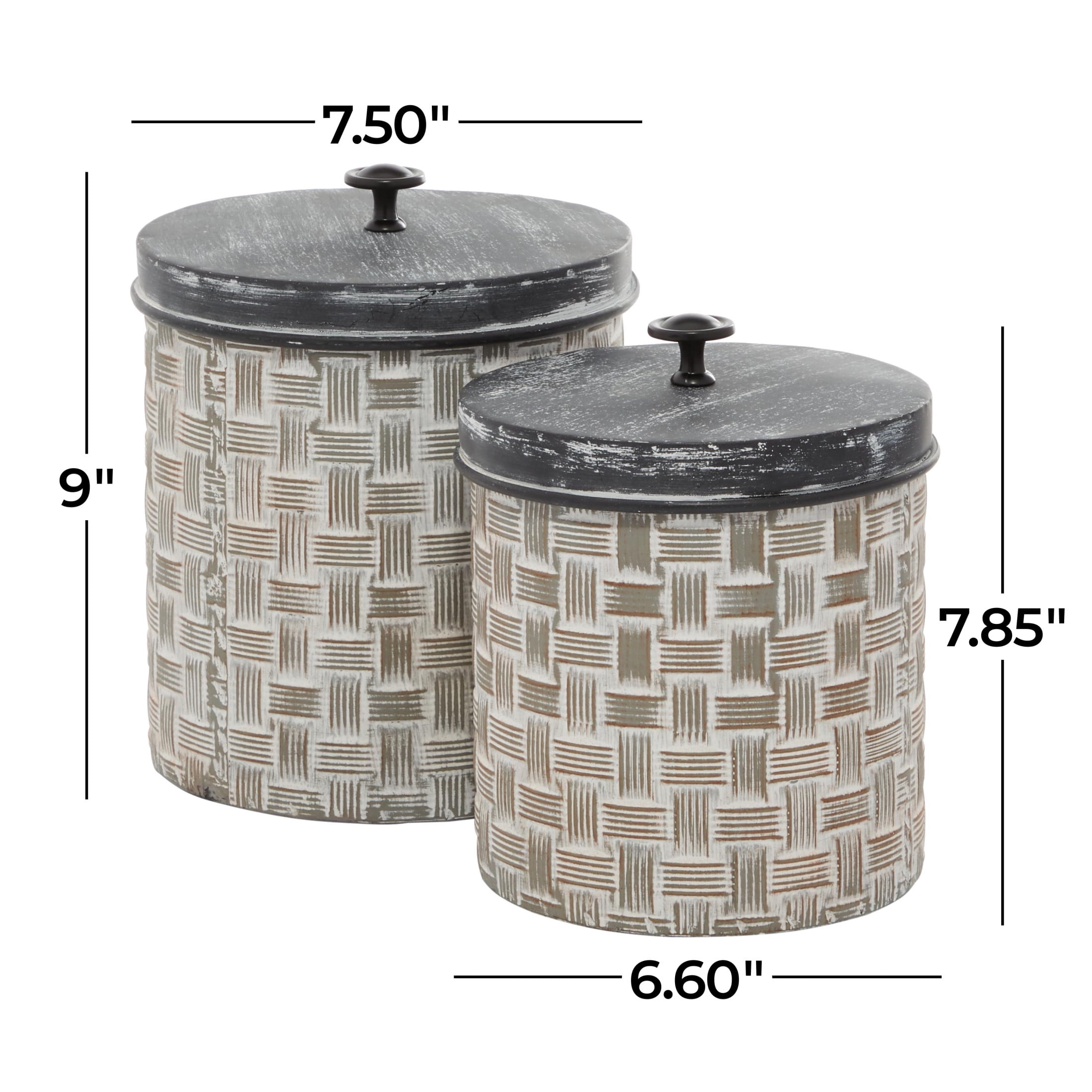 DecMode 9", 8"H Brown Metal Decorative Jars with Weave Inspired Pattern, 2-Pieces