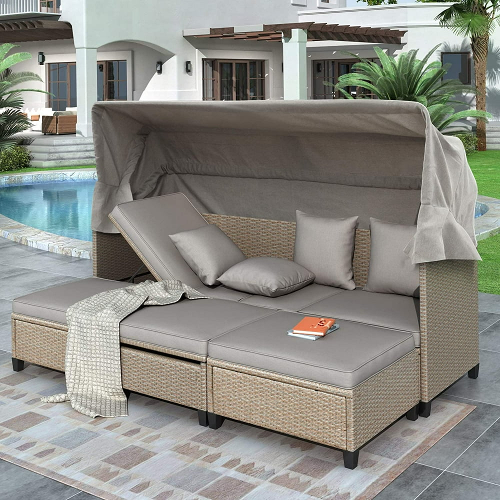 4 Piece Outdoor Sectional Sofa Set Patio Rattan Daybed with Retractable