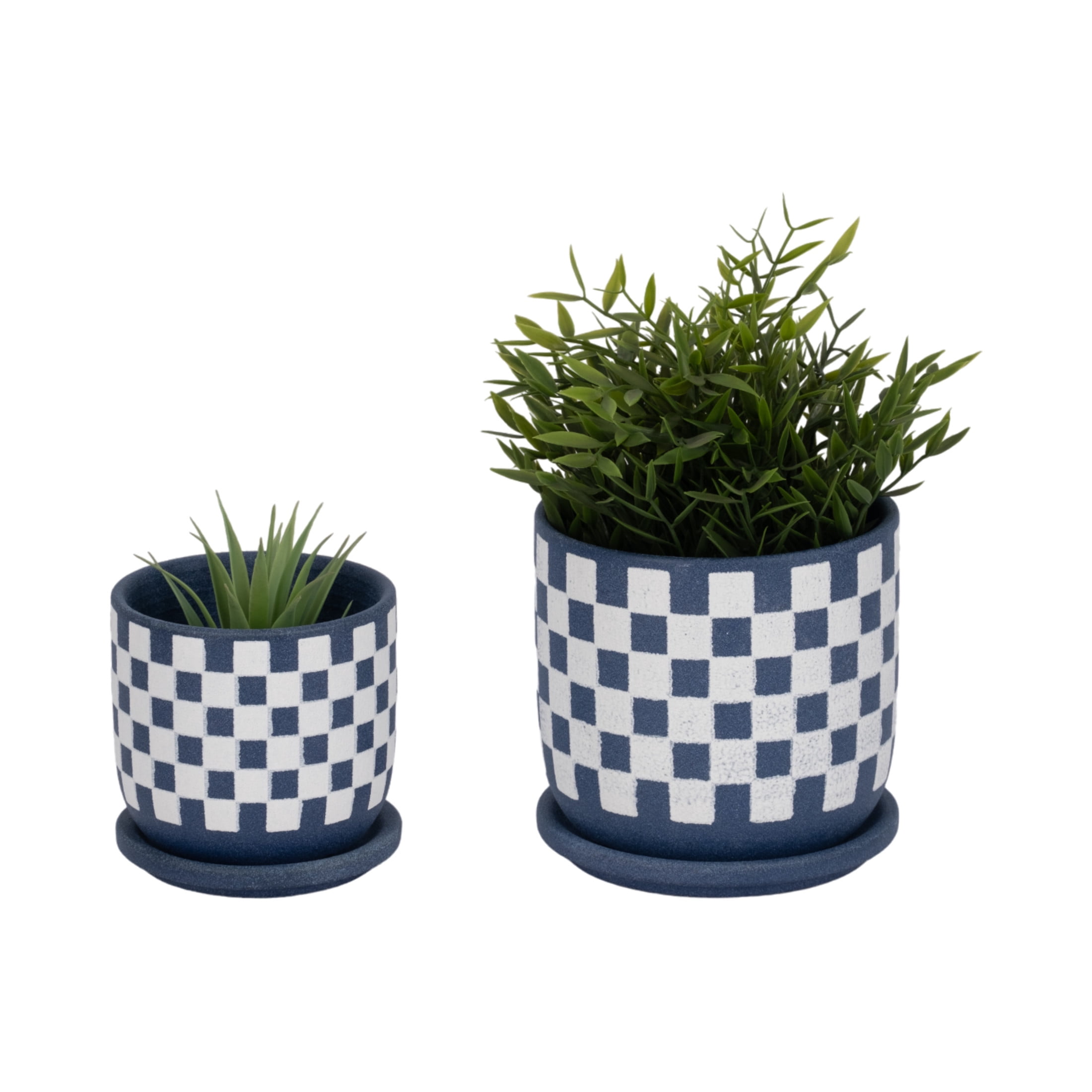 Round Checker Pattern Saucer Planters for Garden Decor - Ceramic Planter for Home and Living Room Decor - Sleek Flower Pots for Indoor and Outdoor Plants - Set of 2, 6", 5", Blue & White