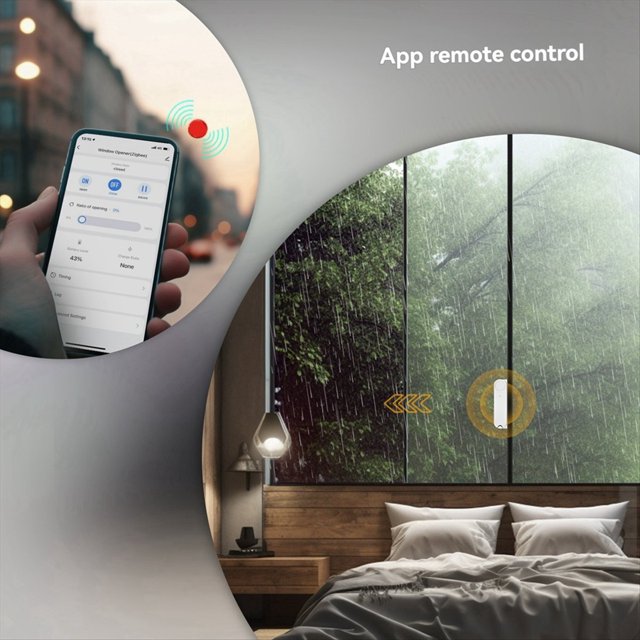abridor de ventanas inteligente tuya zigbee Reflejado en ventana de recámara, empujador corredizo blanco montado a la derecha del vidrio en vista frontal 3/4; carcasa ABS blanca con indicador LED y flecha naranja que indica apertura; inserto muestra aplicación móvil con controles de apertura y porcentaje, y la leyenda 'App remote control'.