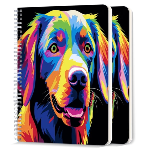Spiral Notebook,College Ruled Journal,8.26" x 5.71" 50 Sheets/100 Pages,2 Pack - Colorful Golden Retriever Dog on Black Background
