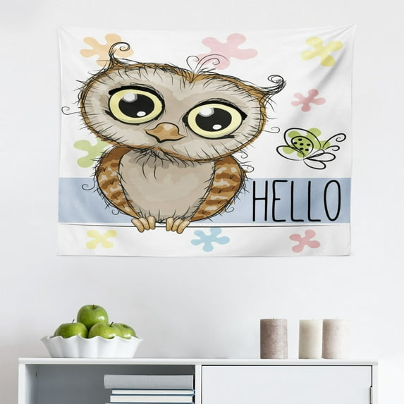 Owls Tapestry, Cartoon Owl and a Butterfly on Floral Background Hello Message Illustration, Fabric Wall Hanging Decor for Bedroom Living Room Dorm, 2 Sizes, Multicolor, by Ambesonne