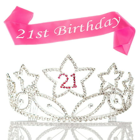 21 Tiara and Sash 21st Birthday Party Supplies Accessories, Silver Pink Set (Tiara and Sash)